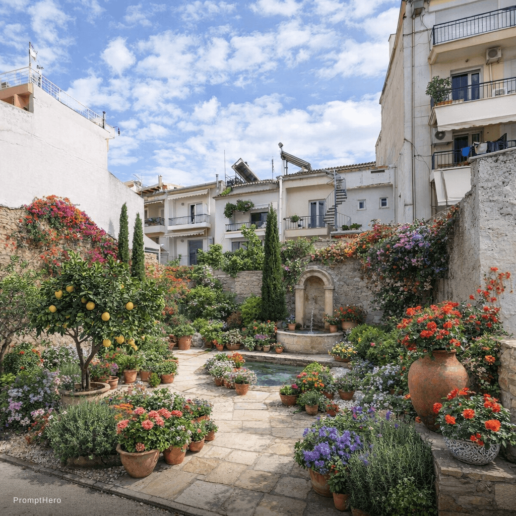 AI generated: Transform the empty garage space into a picturesque mediteranean garden