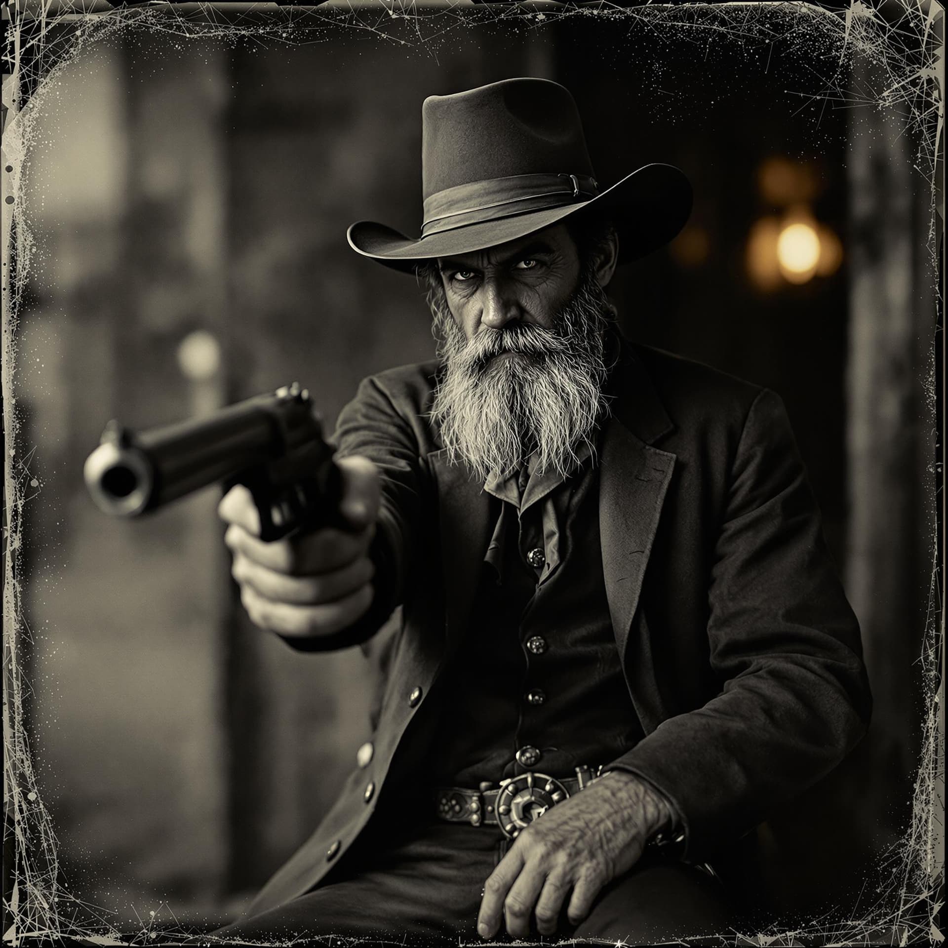 AI generated: western gunfighter, cowboy, saloon background, 1880's, hands render, tintype --ar 9:16 --v 4