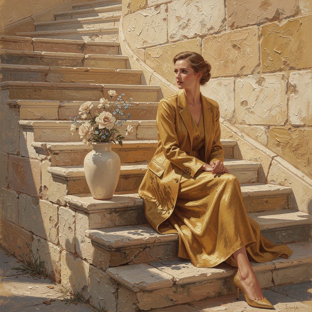 AI generated: Elegant impasto oil painting in high relief, outdoor scene in warm ochre and honey tones. A solitary...