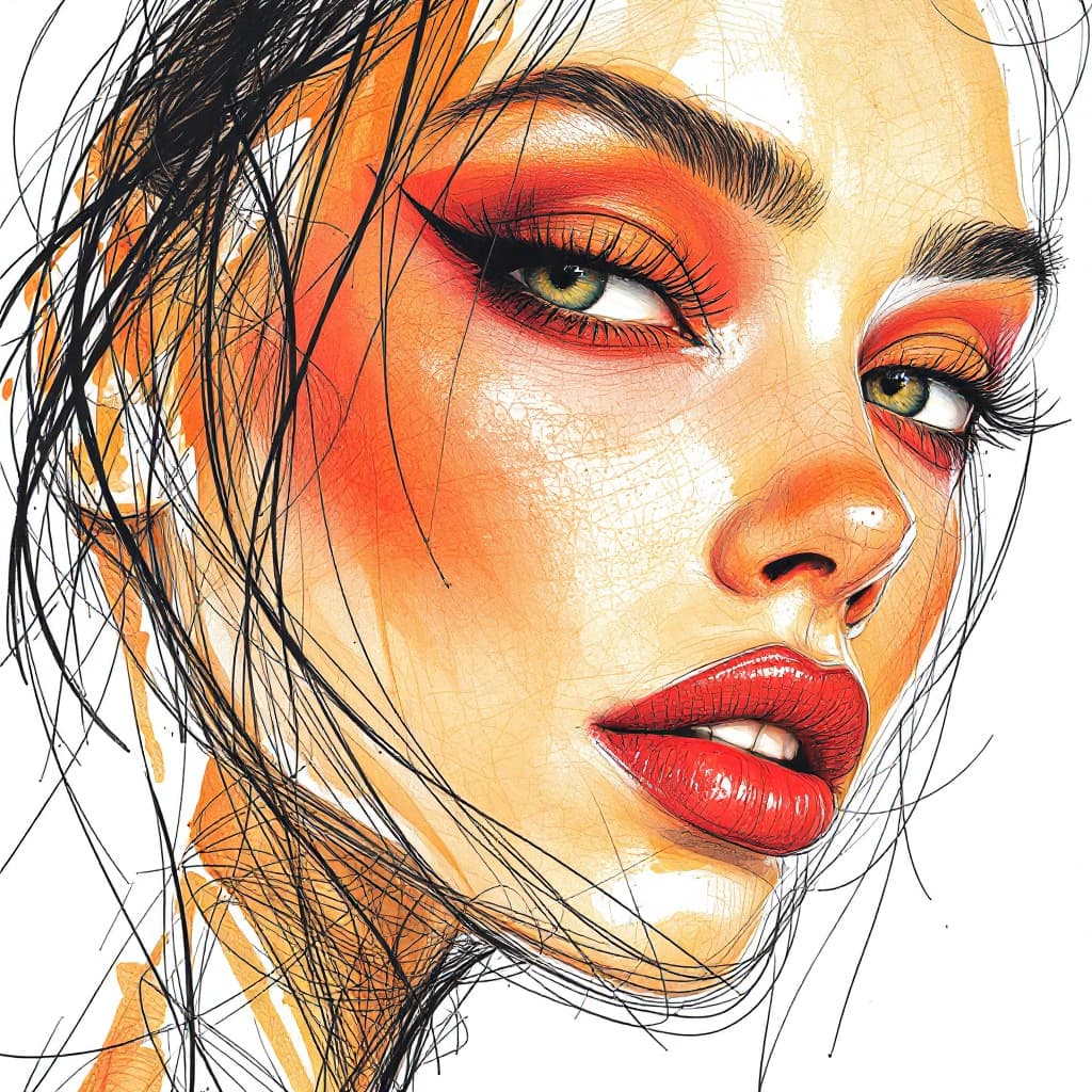 AI generated: a drawing of a woman's face with a red eyeshadow, in the style of bold colorful lines, dark beige an...