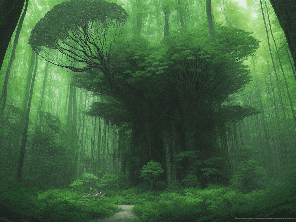 AI generated: anishinaabe woodlands forrestscape, (giant spiderweb stretching between two trees), hidden in the fo...