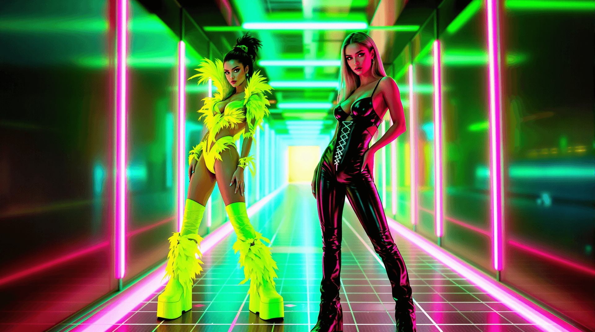 AI generated: Hyper Realistic A stunningly Two young adult women, one with a vibrant lime green, futuristic bodysu...
