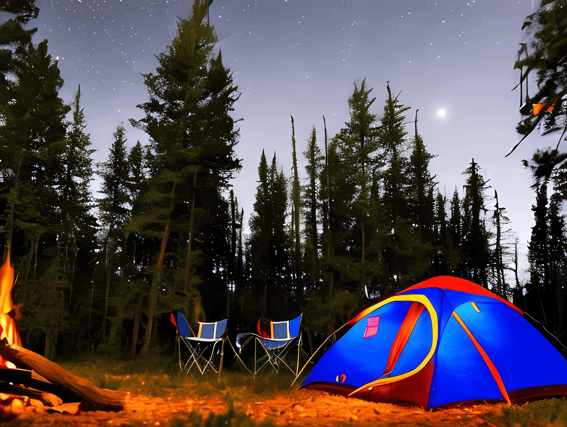 AI generated: Close-up of The Full Moon, Camping under the Starry Sky ,wooded area, tall pine trees, small canp fi...
