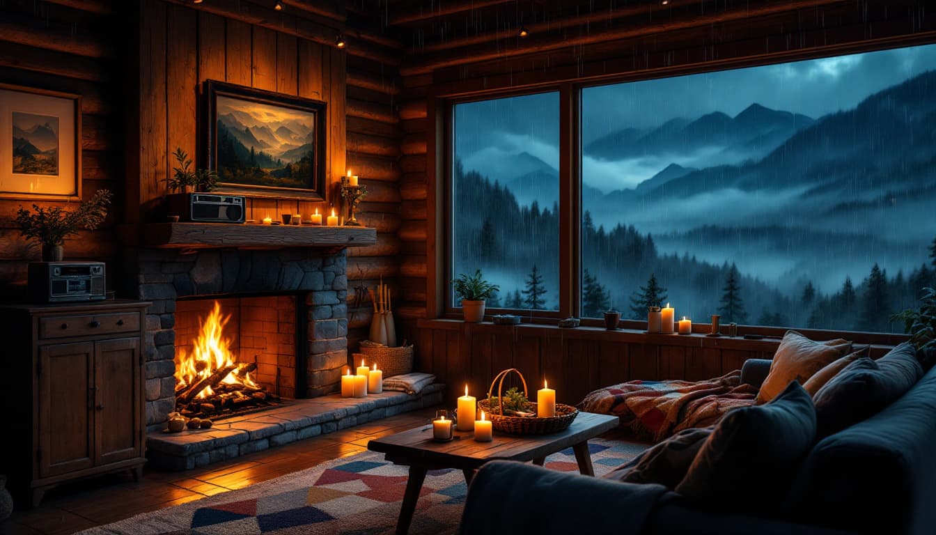 AI generated: Cozy cabin interior on a dark rainy night. Rustic wooden walls and large windows showcasing a rainy ...