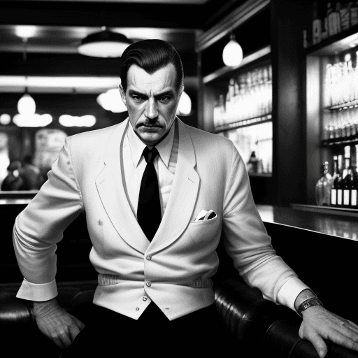 AI generated: mature man, 20´s gangster look, bar location, black&white