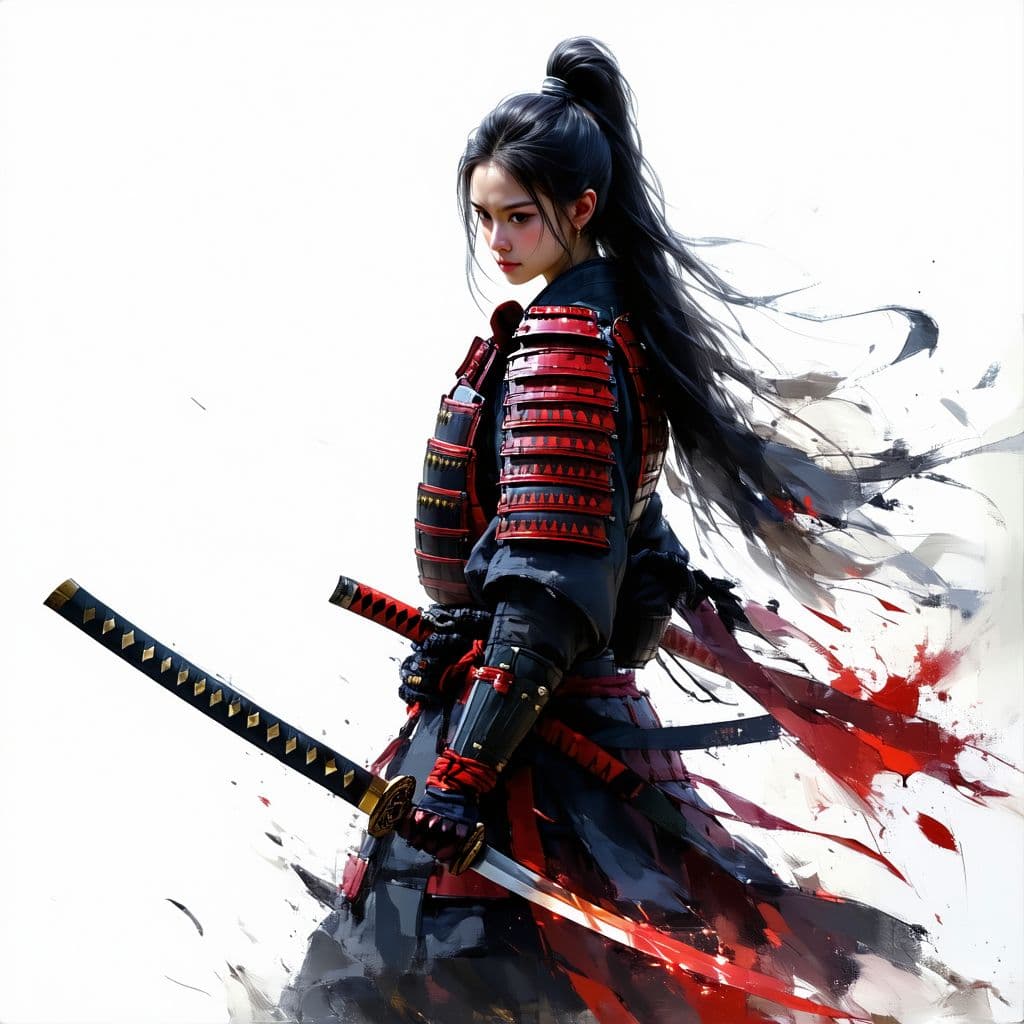 AI generated: 1 woman, weapon, long hair, black hair, white background, solo, looking at viewer, black eyes, tabi,...