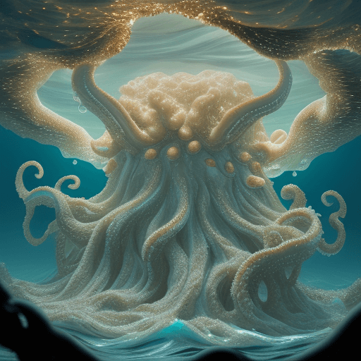 AI generated: Big in the foreground is a dark biotic Octopus made of transparent moldy cells. The strange Ocean is...