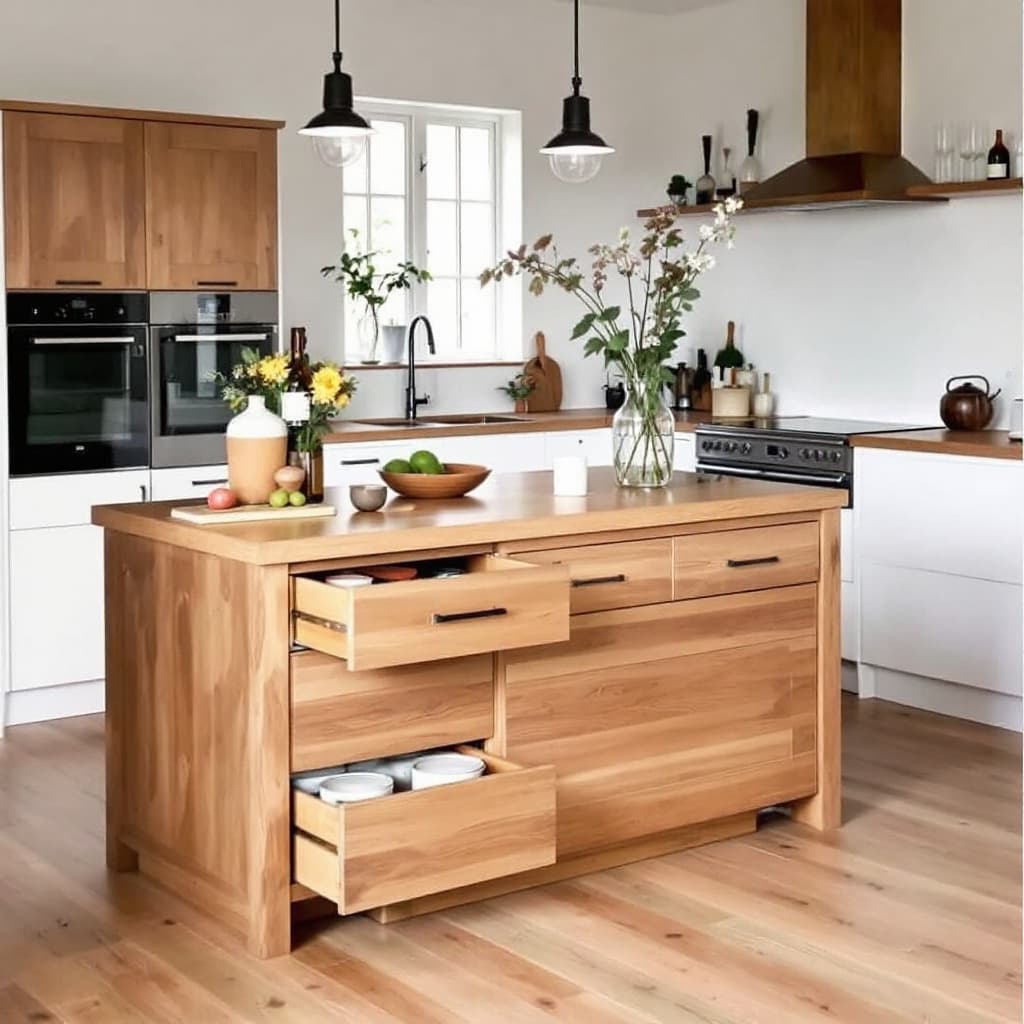 AI generated: allkitchen made out of oak wood. The kitchen island is made out of oak and has a compost drawer