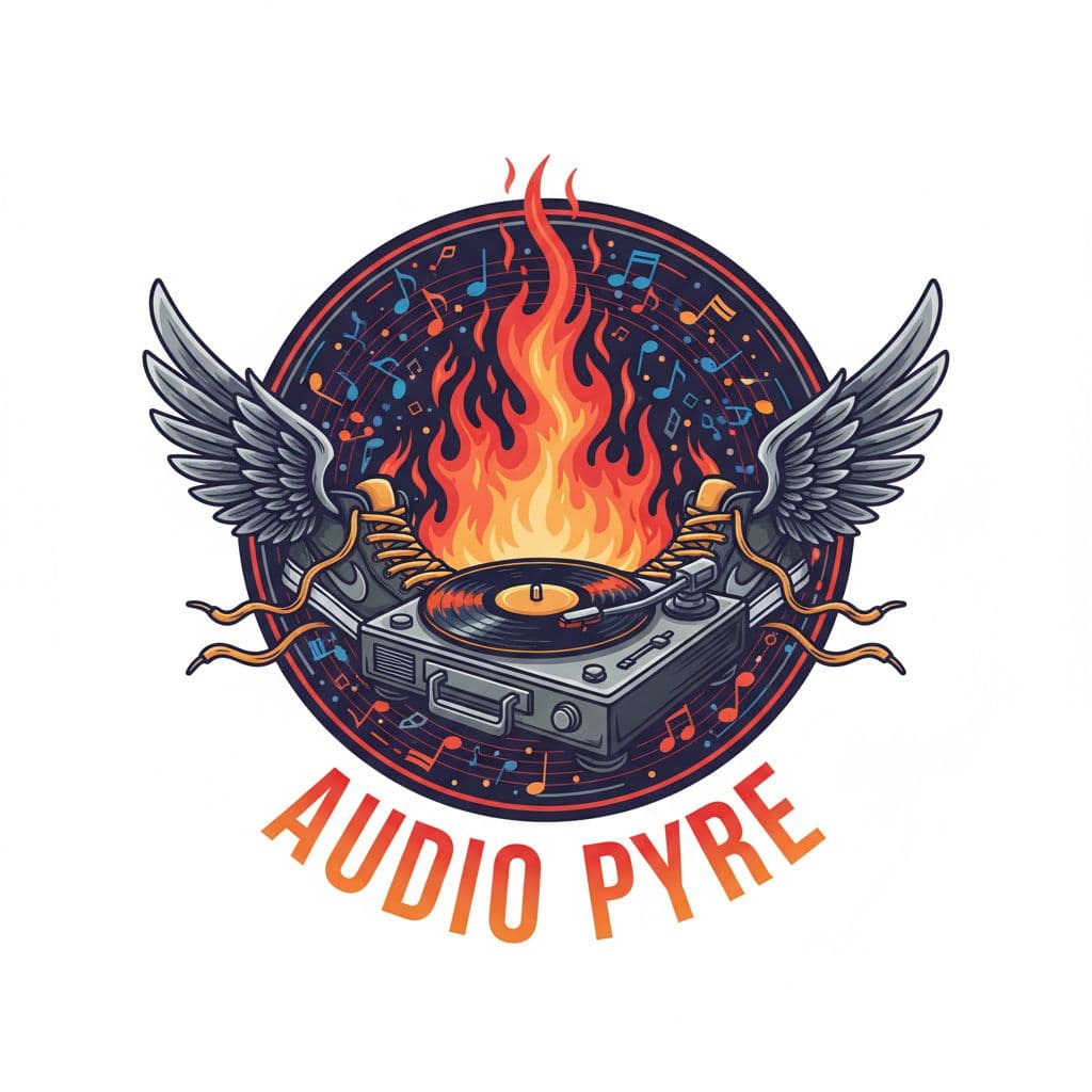 AI generated: Brand logo with a record player, fire, sneakers. and music notes