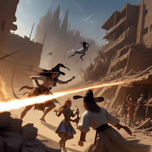 AI generated: Concept art with dutch angle shot of a group with a wizard, a witch, a little fairy healing a camel ...