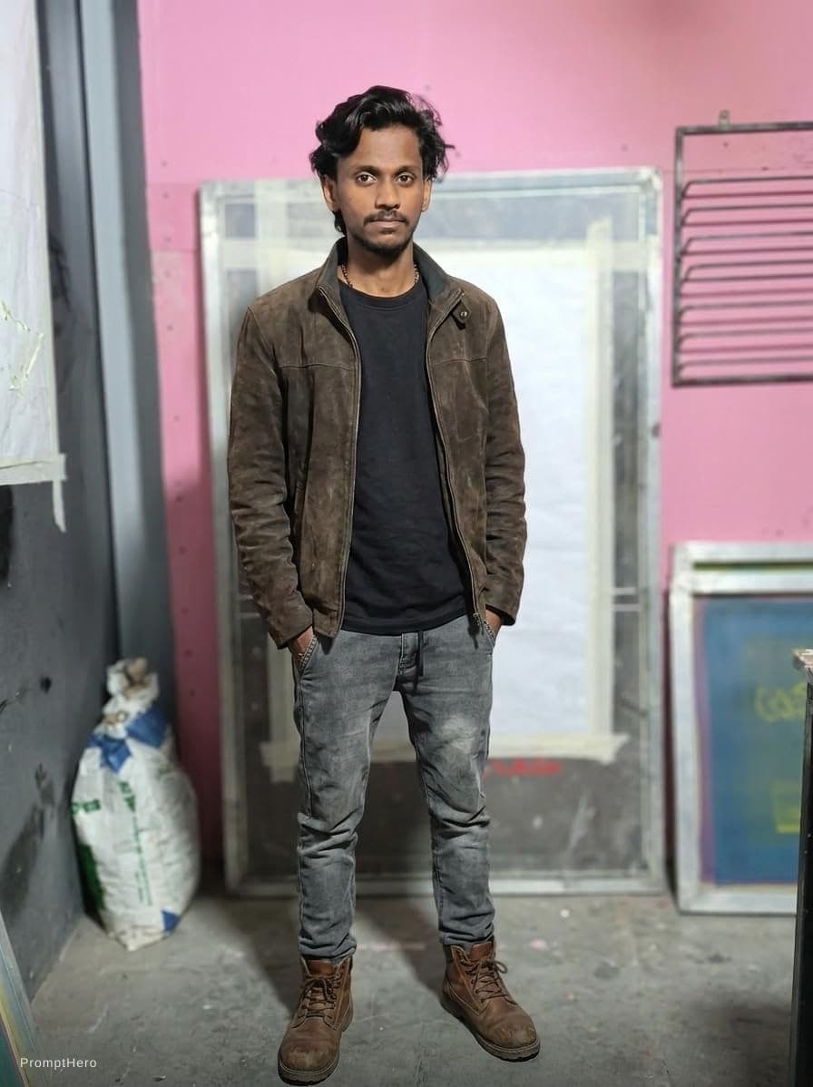 AI generated: a man wearing a suede jacket with black tee and grey color denium and brown leather boots