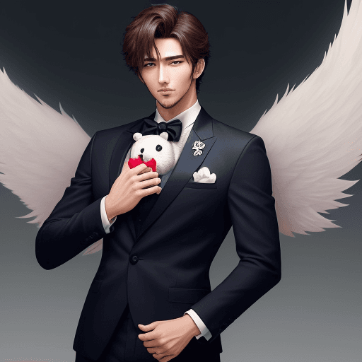AI generated: A very handsome anime-mesmerizing male teddy bear that's holding a heart with a very suave outfit an...