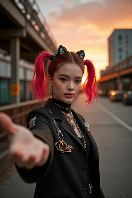 AI generated: ((ultra wide angle x0.5:1.5, bottom camera view, Pin on Cybergoth:1.5)), ((selfie:1.4, young Pin on ...