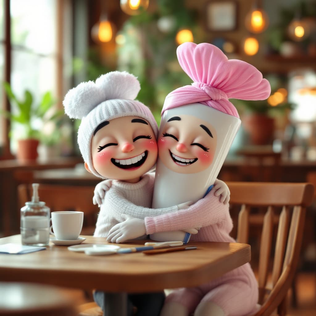 AI generated: Adorable CGI cartoon couple toothbrush and Toothpaste hugging happily, restaurant table