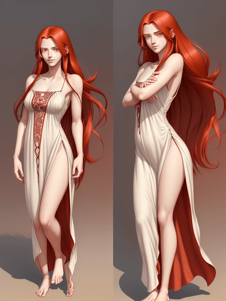 AI generated: stunning digital illustration, 20yo male that looks like a female, posing, long red hair, medium dis...