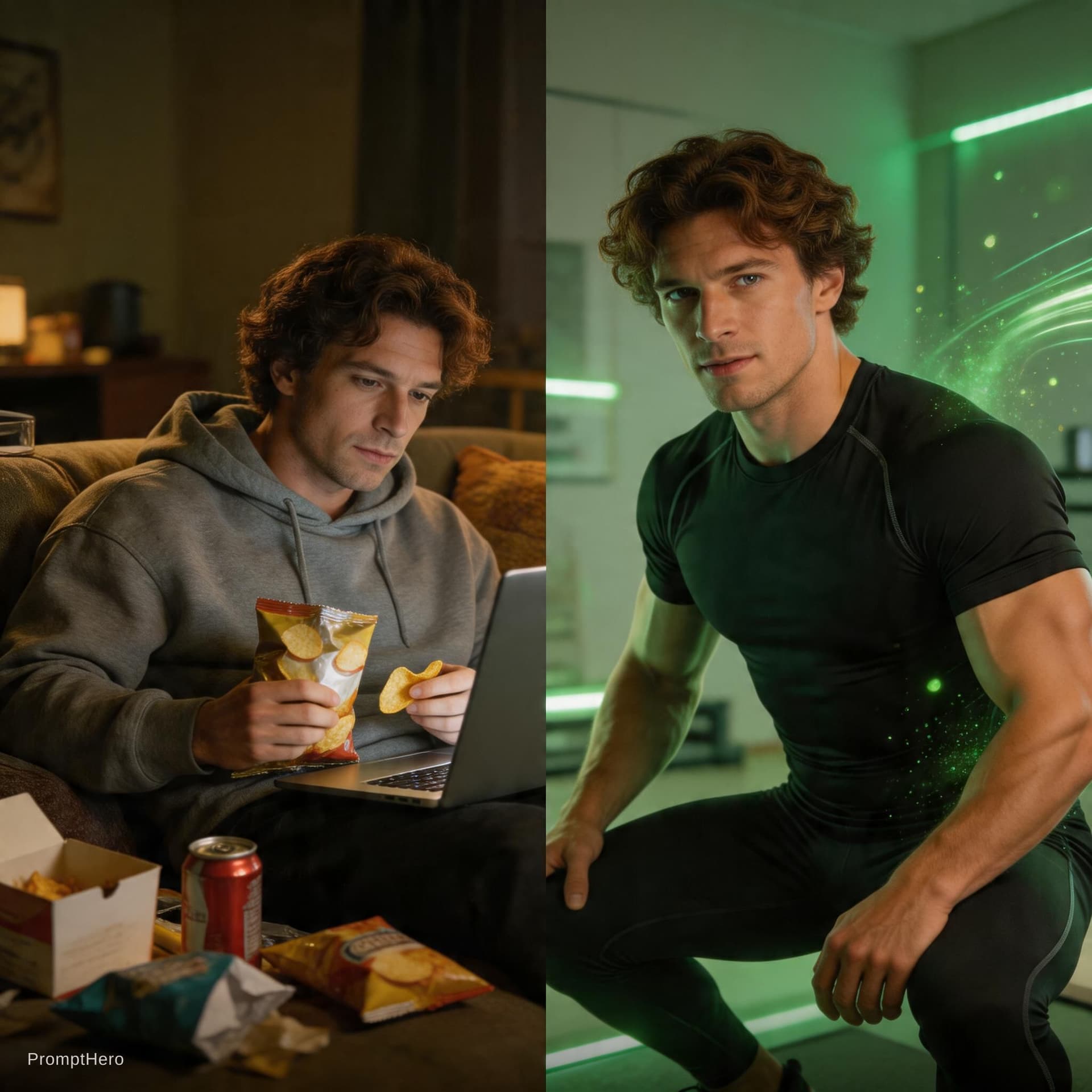 AI generated: Create a cinematic motivational fitness visual showing the SAME person in two contrasting lifestyle ...