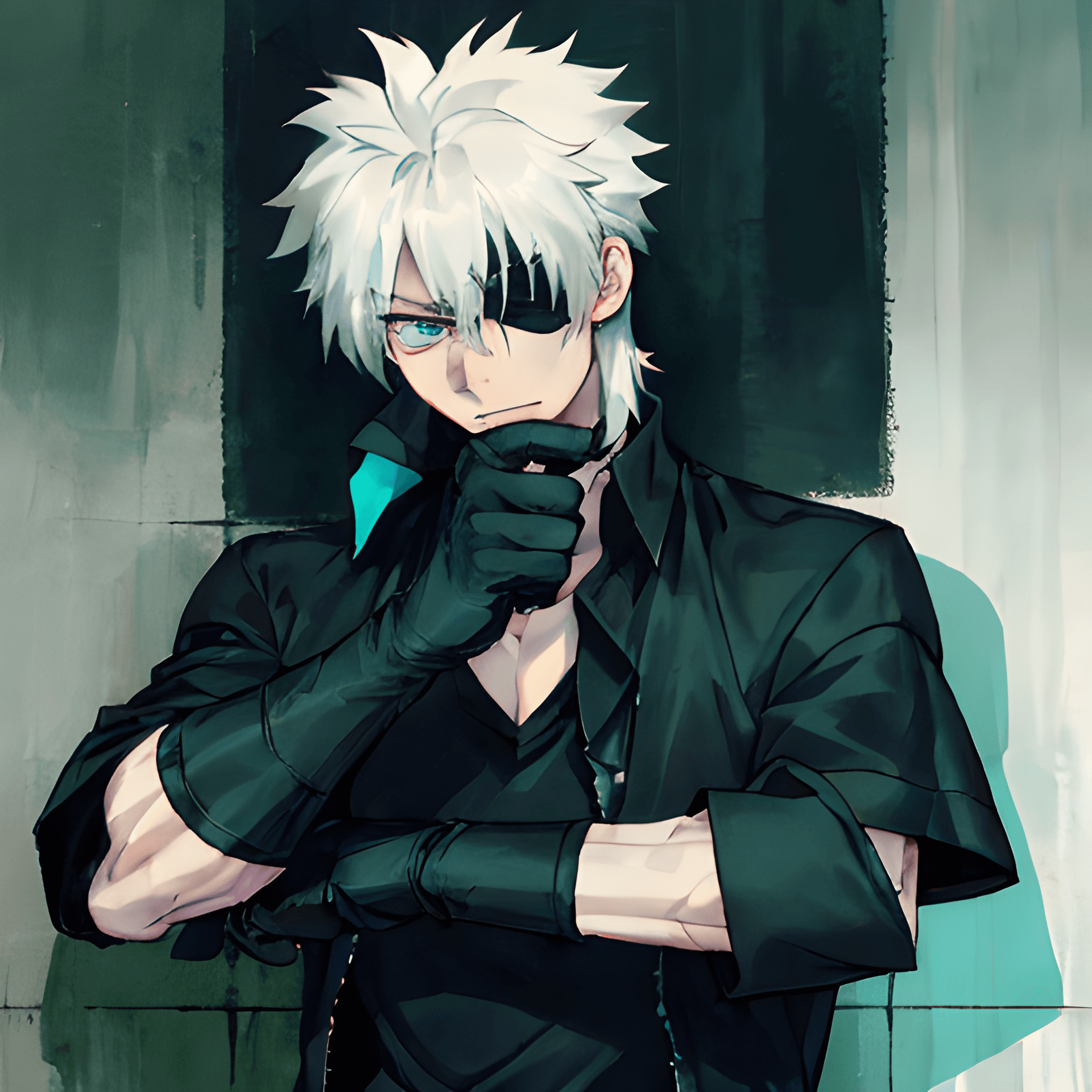 AI generated: a men wearing clean casual black T-shirt, hijikata toushirou black hairstyles, wearing black gloves,...