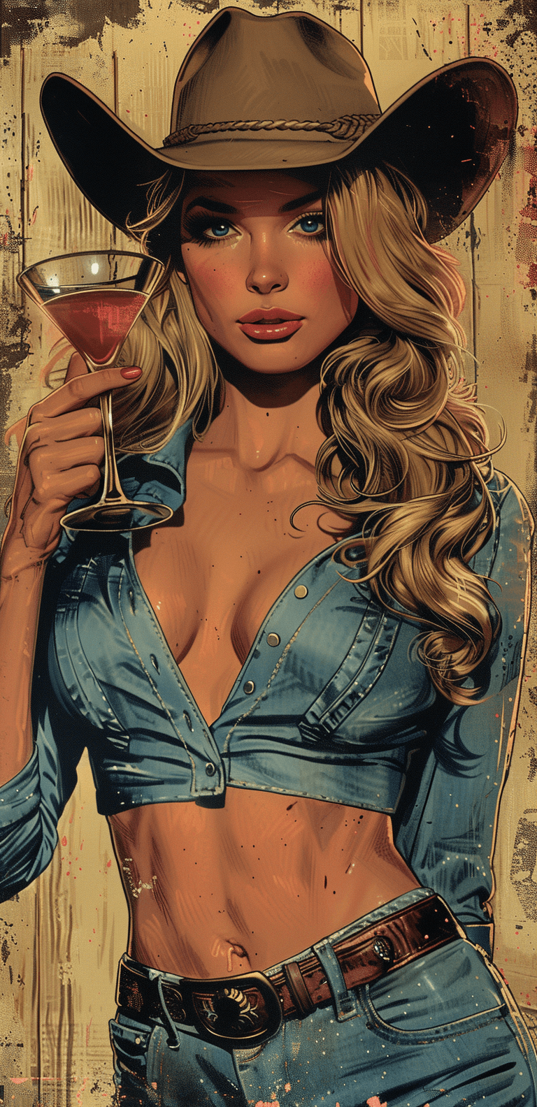 AI generated: A beautiful cowgirl holding an oversized martini glass, in the style of a vintage comic drawing --ar...