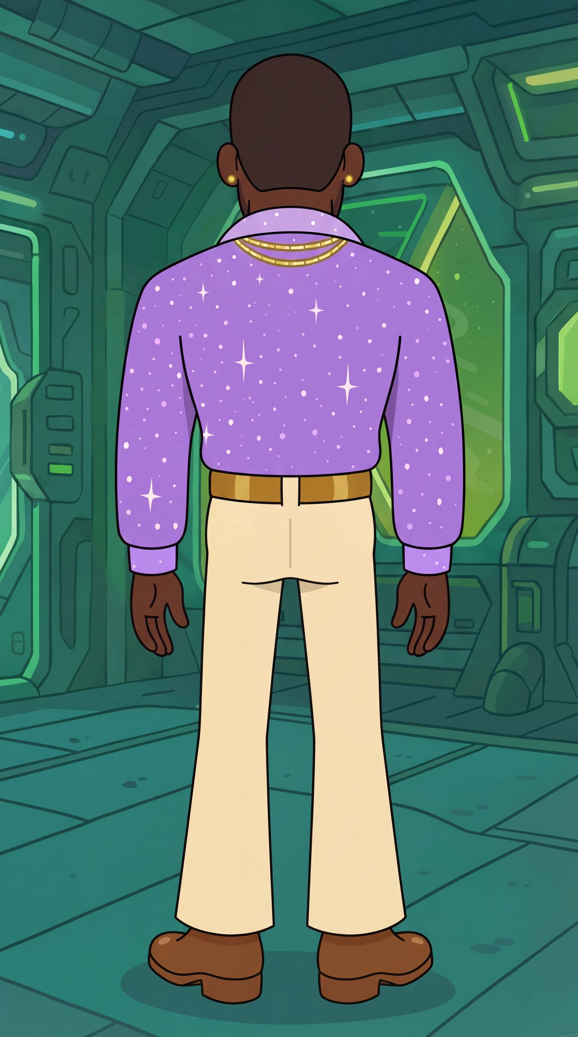 AI generated: Make rear view position of the character. Make sure to maintain same proportions alignment with refe...