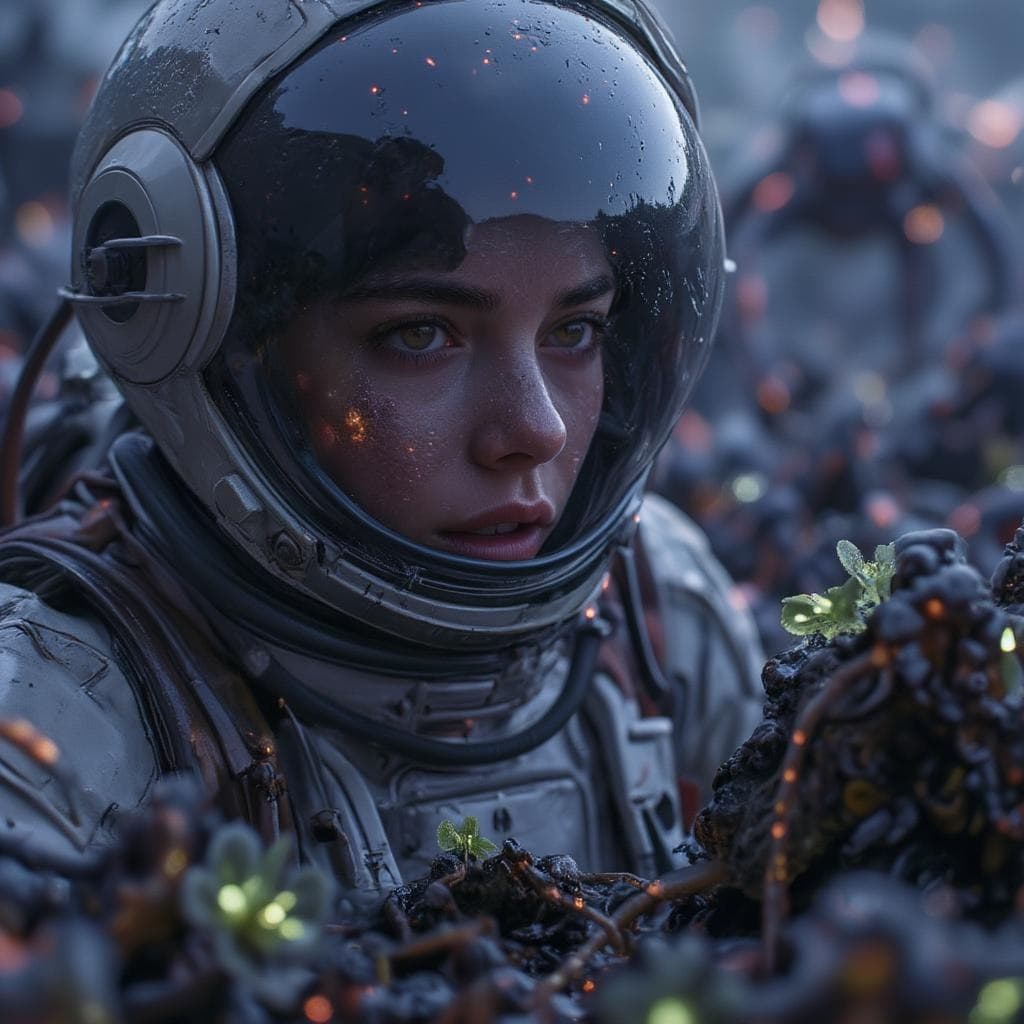 AI generated: an astrounait is looking through her helmet with a horrifying face after a creature is after her. th...
