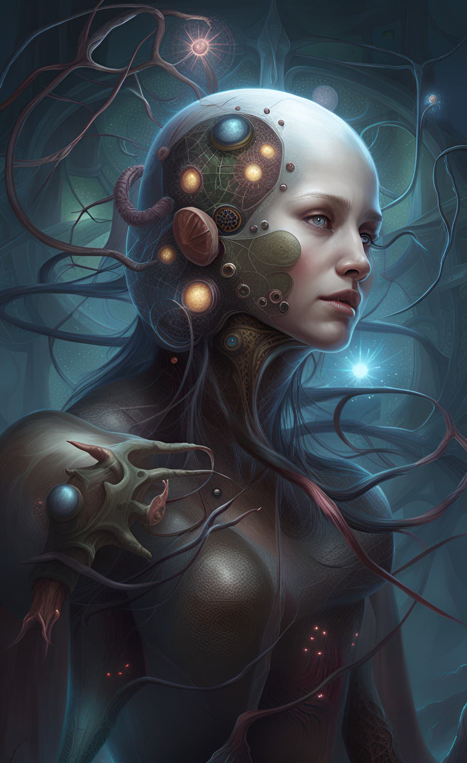 AI generated: A portrait of a "biomechanical" alien entity, distinctive stylistic innovation representation of hum...
