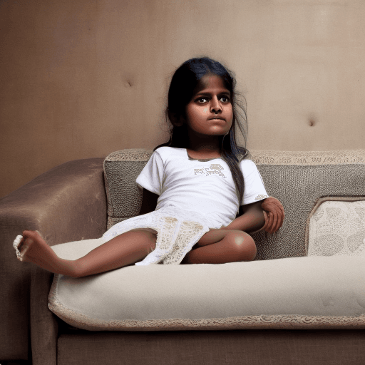 AI generated: image of a young indian girl, sitting on a sofa, legs slightly open, white underwear
