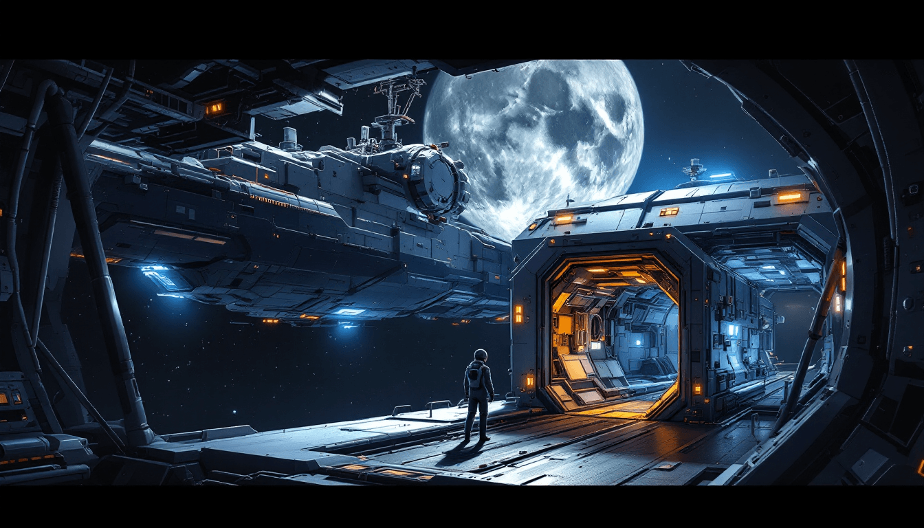 AI generated: A space station in orbit around the moon, interior of an cargo space ship docked at its port side, a...