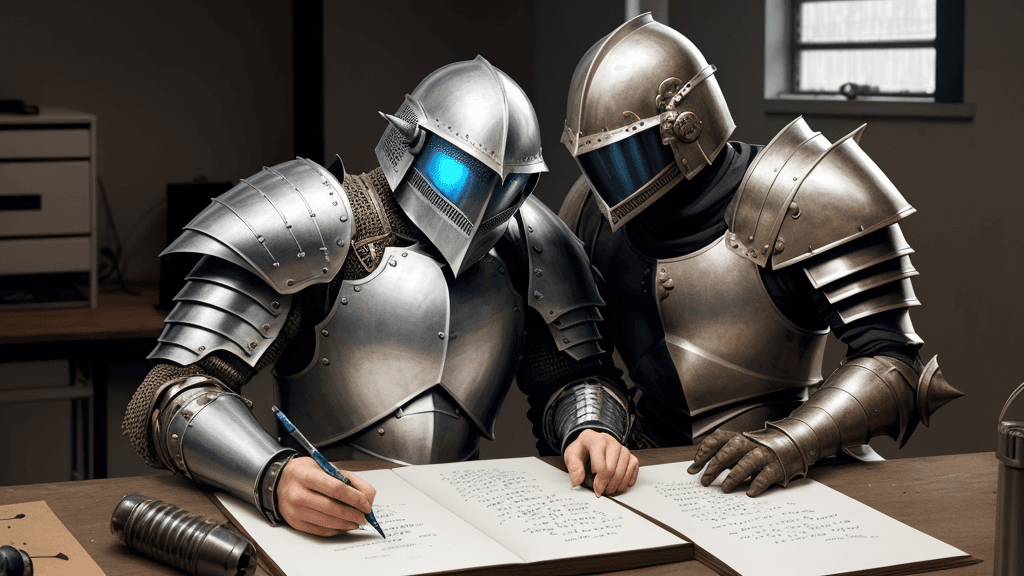 AI generated: human male Armoured warrior writing in a secret lab, 
