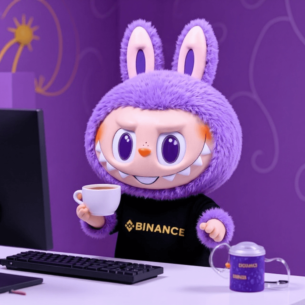 AI generated: A cute plush toy with large purple bunny ears and a toothy smile, wearing a fluffy purple hooded out...