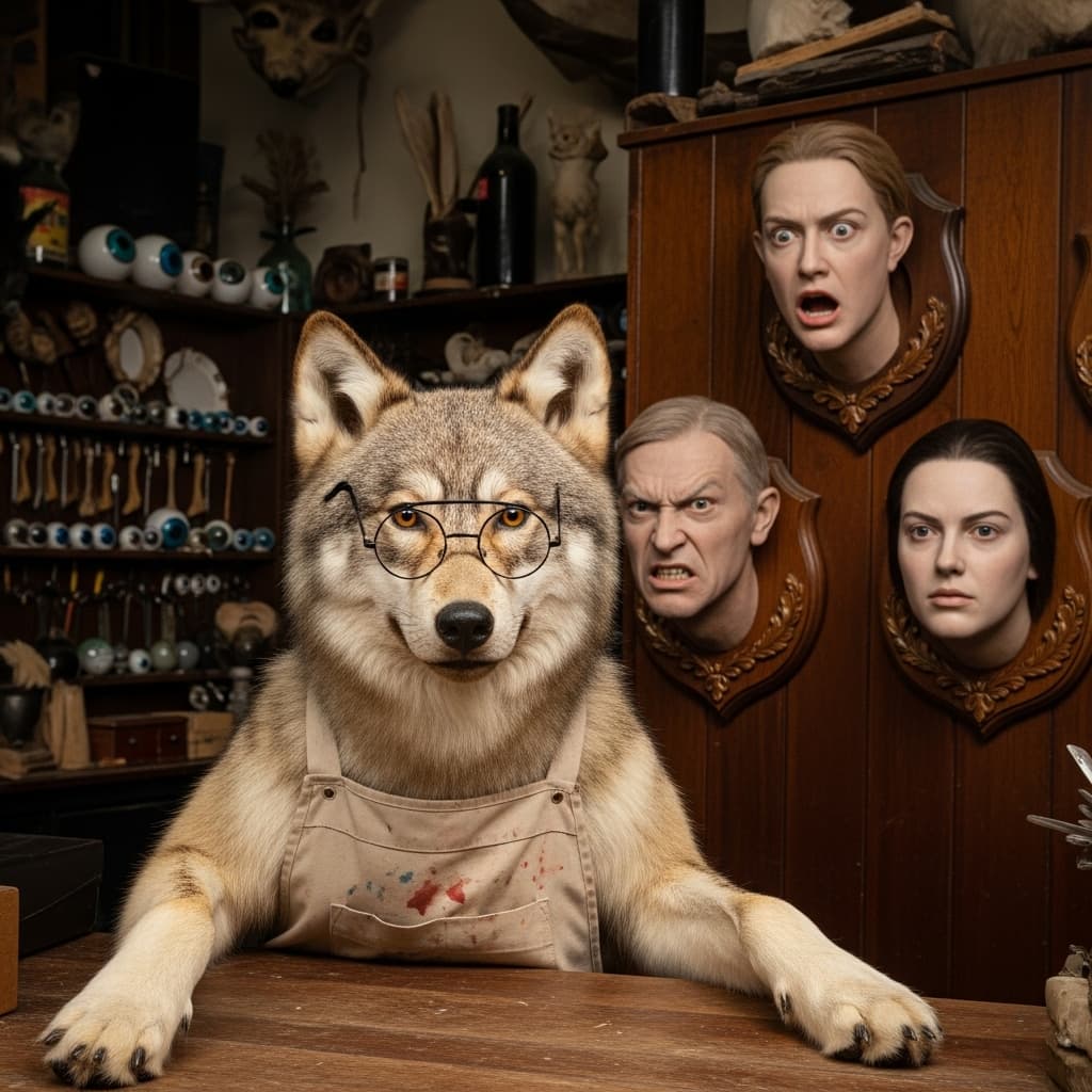 AI generated: at a taxidermy store, a realistic wolf is leaning over the counter, wearing a bibbed apron and weari...