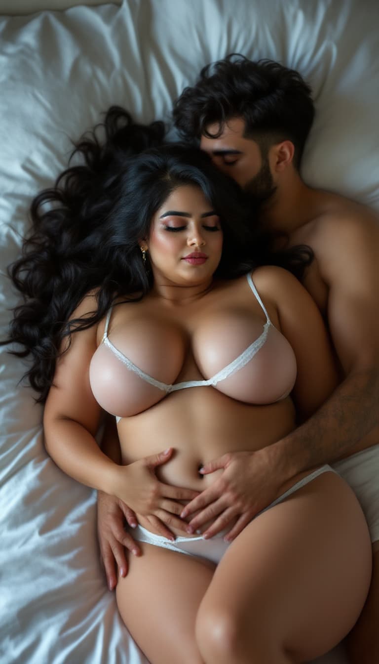 AI generated: Full body shot, couple, husband  and wife, laying in bed together , husband sexually cuddling wife f...
