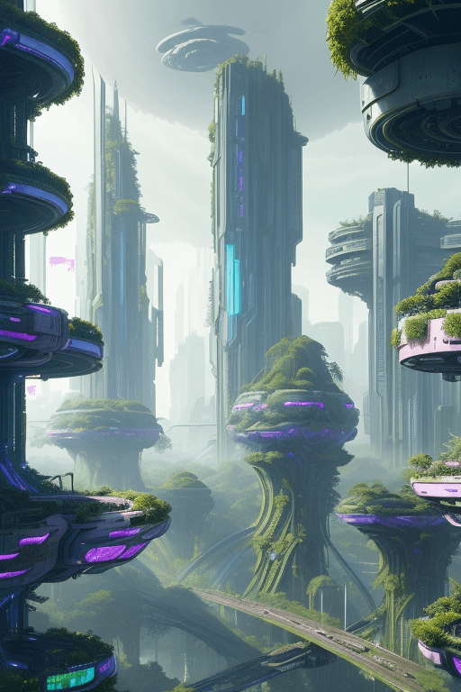 AI generated: a view of a city with a lot of trees and bushes, garden, flying objects , future city, in fantasy sc...