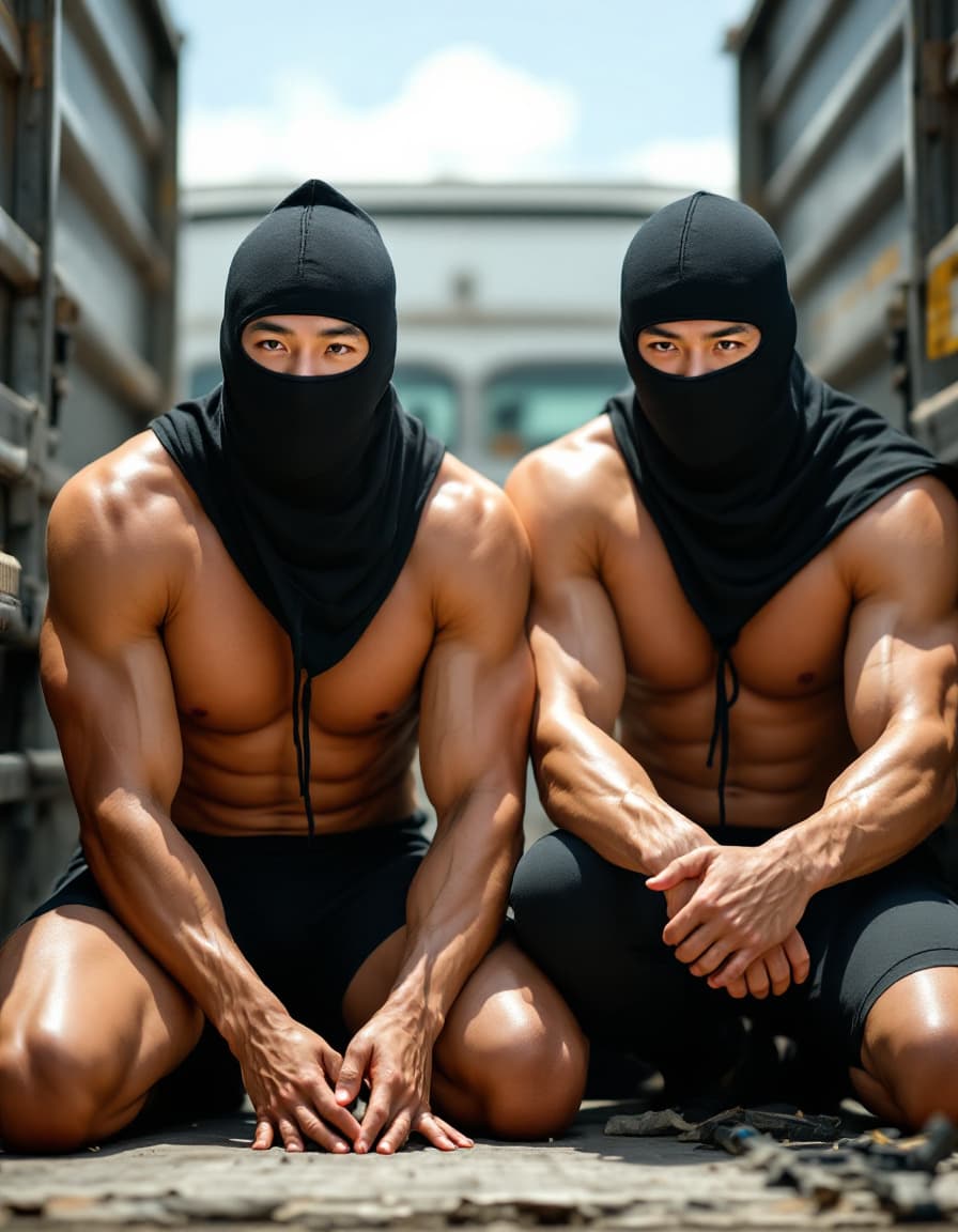 AI generated: Two muscular male Asian born Chinese wear tight compression jammers arrested by policemen in day tim...