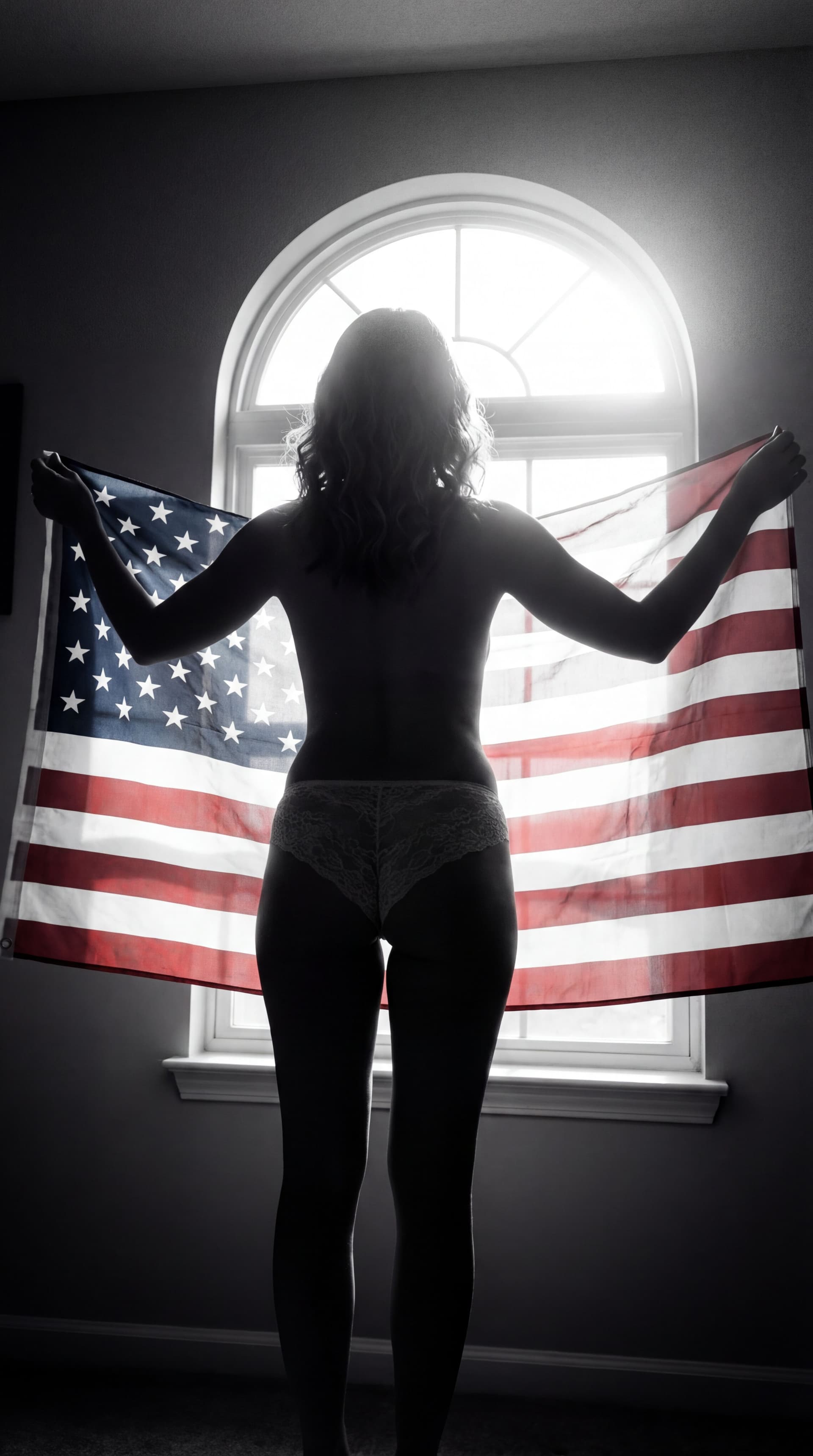 AI generated: A realistic backlit silhouette photograph of an American, fit and toned female model standing with h...