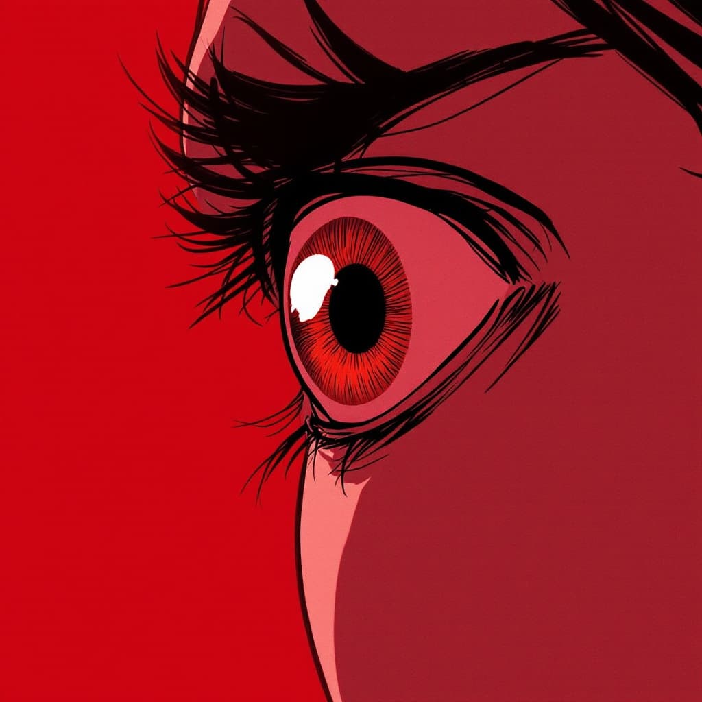 AI generated: manga panel of a close-up eye, intense, against a dark red background, in the style of Kentaro Miura...