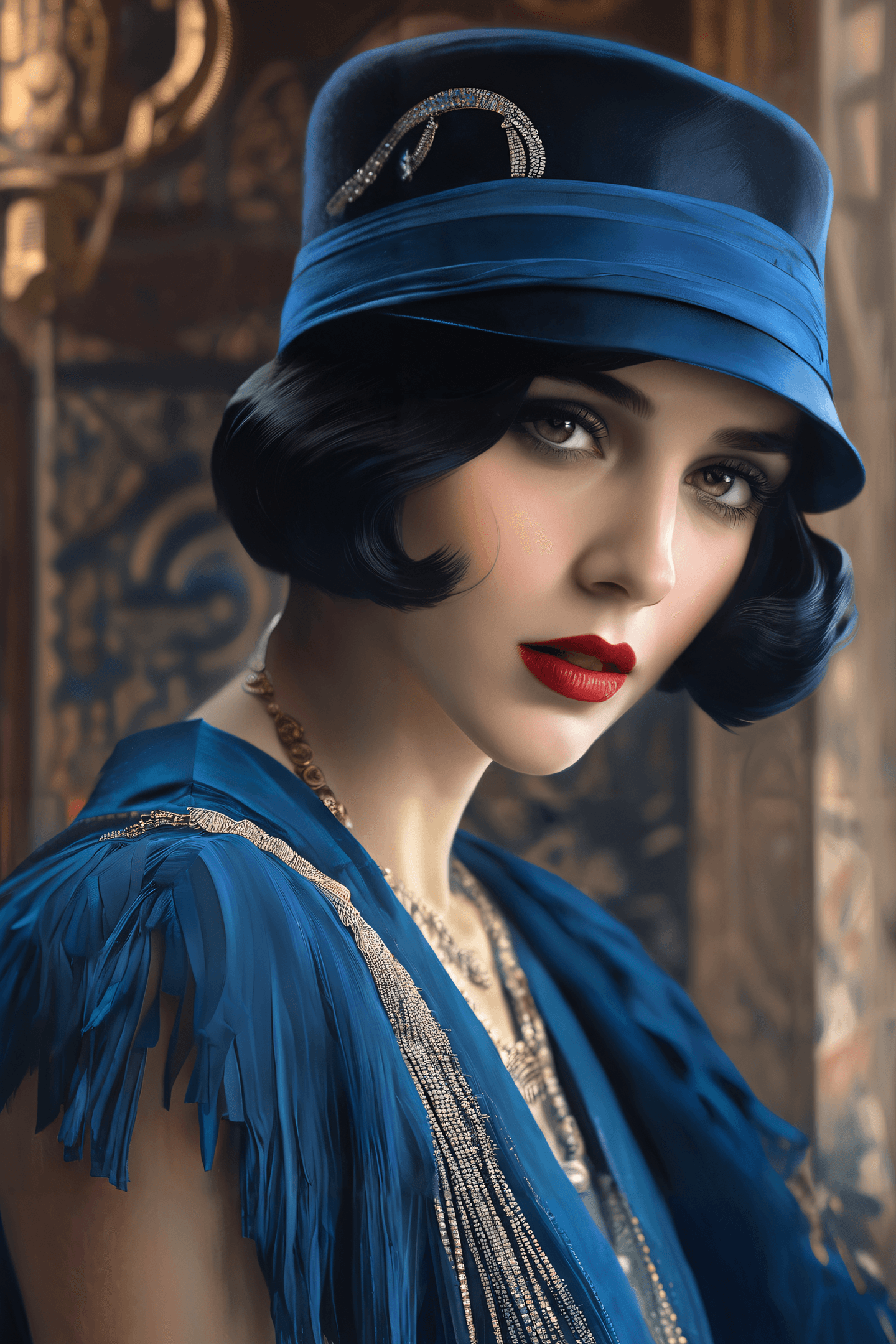 AI generated: concept art, Masterpiece,Best Quality a pretty girl dressed in blue, dark black hair, flapper, weari...