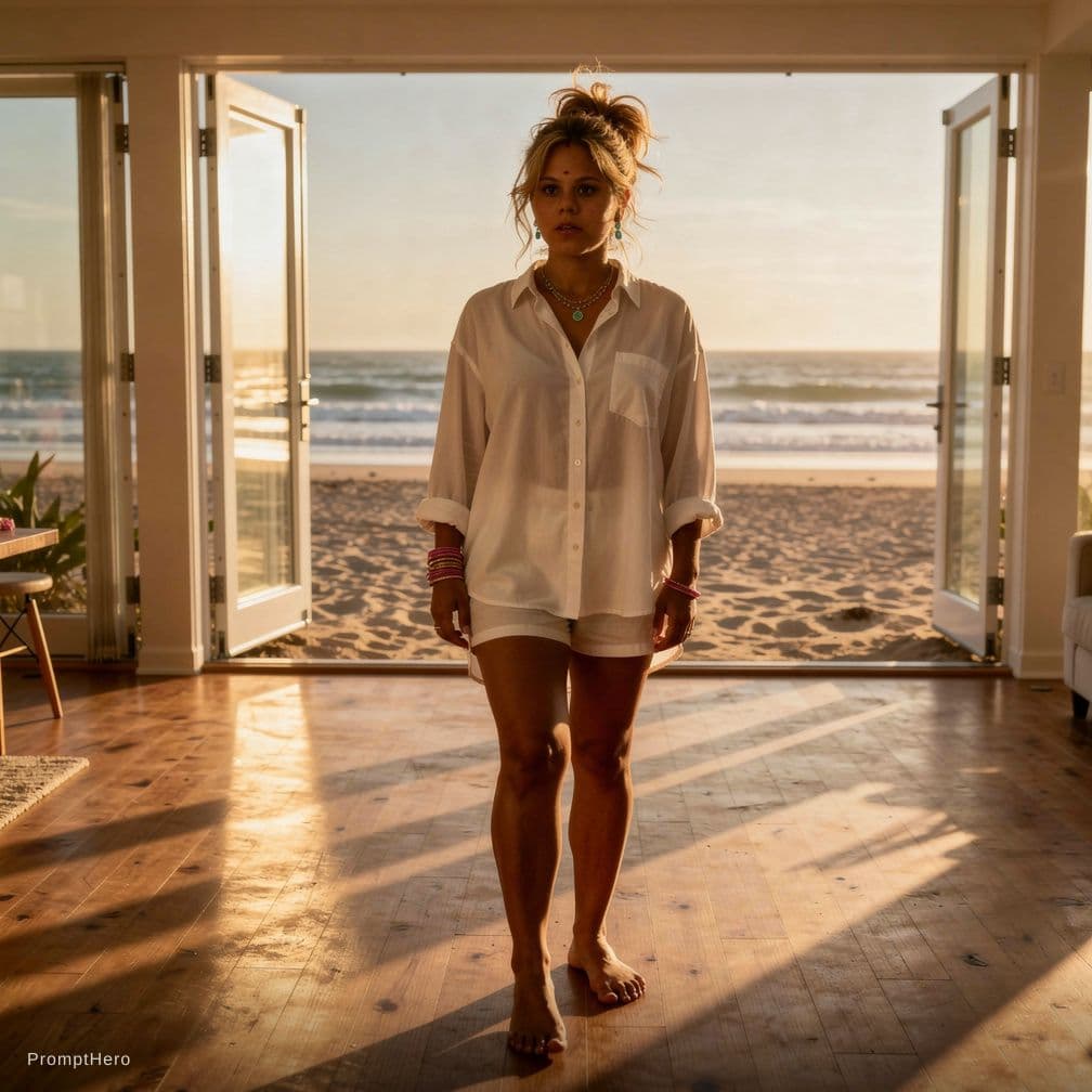 AI generated: cinematic photorealistic portrait of a fit adult woman standing inside a sunlit beach house, warm go...