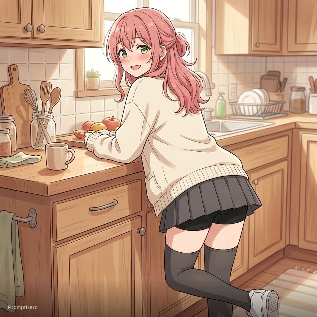 AI generated: 18 years old anime girl, green eyes ,pink hair, smiling,blush,pale skin,small mouth,smoth skin,fit b...