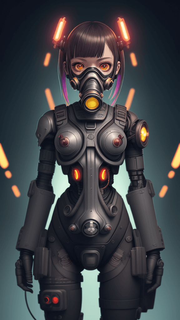 AI generated: in a complex background portrait of little cyborg woman. Wearing a gas mask. Prominent eyes, complex...