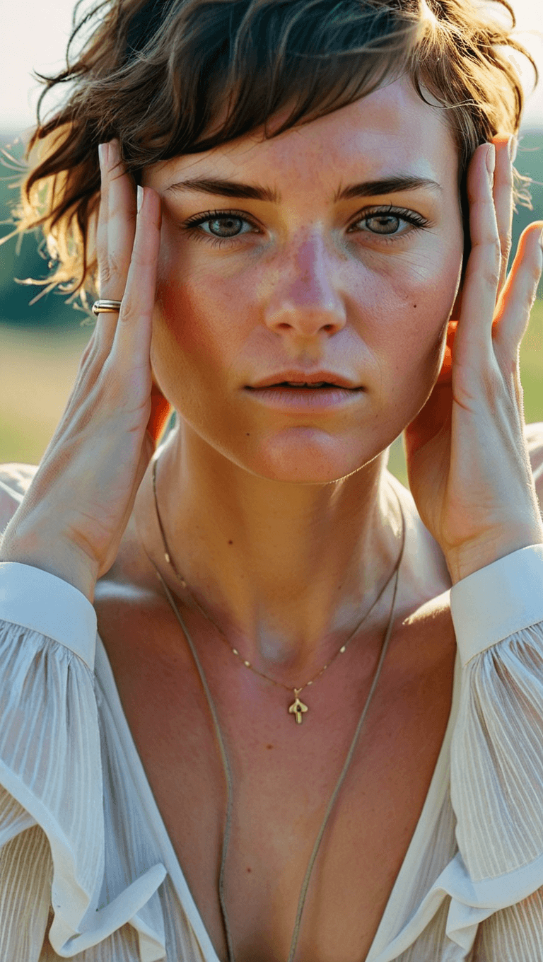 AI generated: Close-up, photograph of, a woman, holding her hands up to her head, short messy hair, no makeup, (fr...