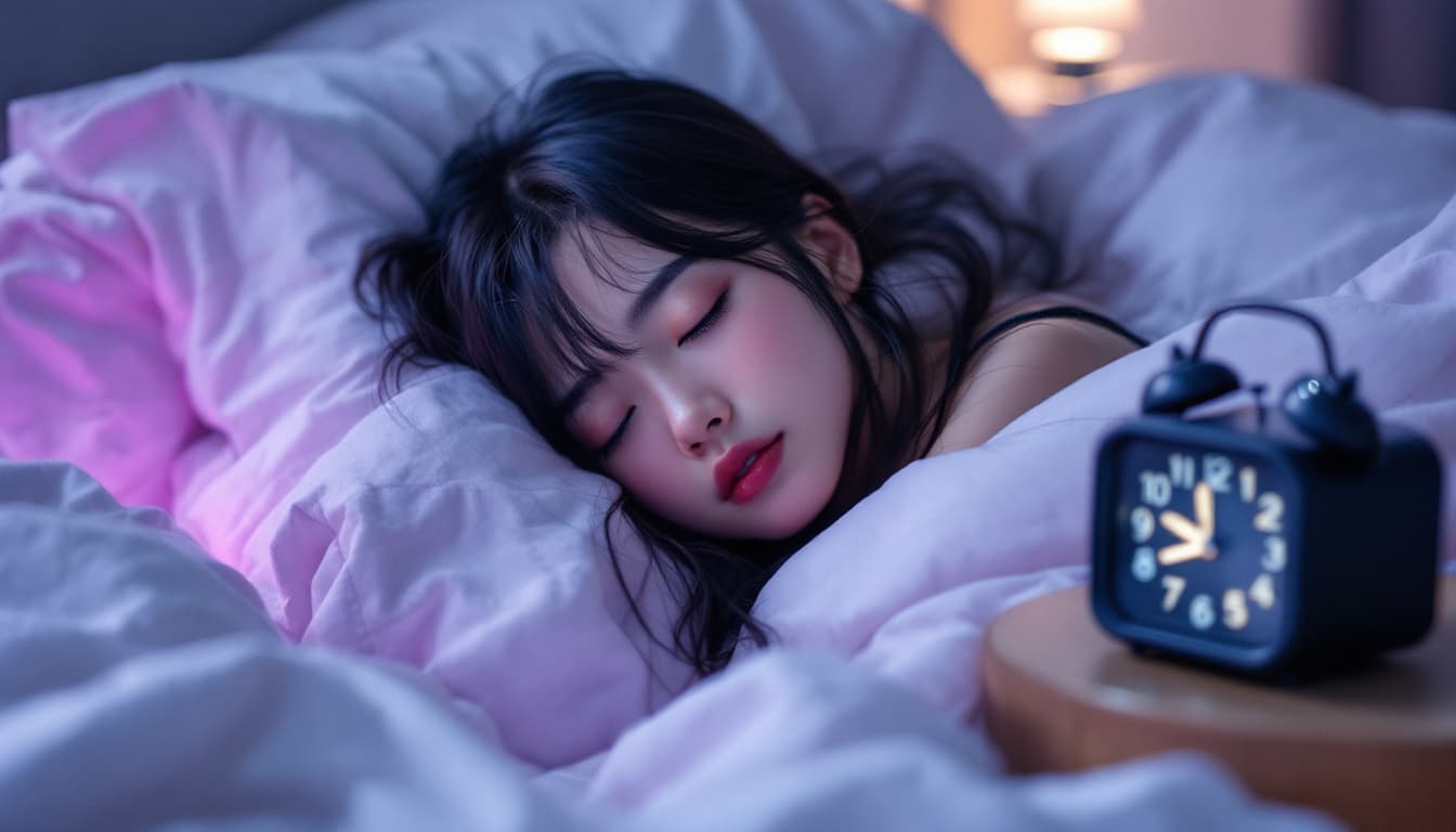 AI generated: Full body photo of Risa, a Japanese girl, wearing a pajama, She was sleeping in bed and pressed the ...