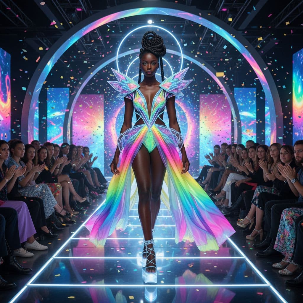 AI generated: African American LADY IN FASHION SHOW IN THE YEAR 3120, VIVID COLORS
