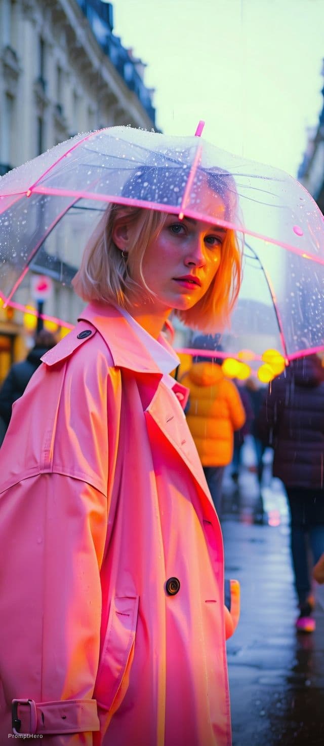 AI generated: A stylish young Caucasian ultra cutest woman in a modern pastel trench coat, crossing a rain-slicked...