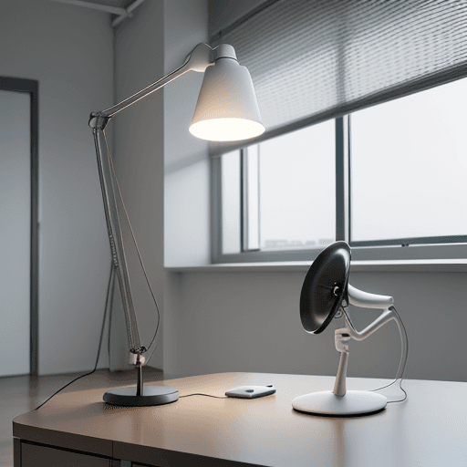 AI generated: Spacious office with frontal view, Herman Miller Aeron chairs, Artemide Tolomeo desk lamps, captured...
