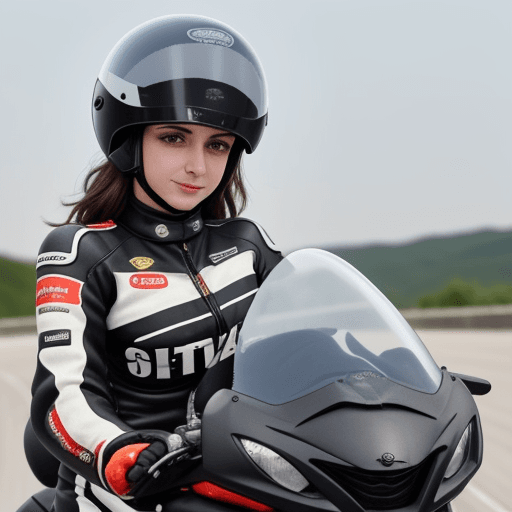 AI generated: O fata frumoasa ,ochi negri si mari sprancene drepte impracata in costum de motociclist.cu casca pe ...