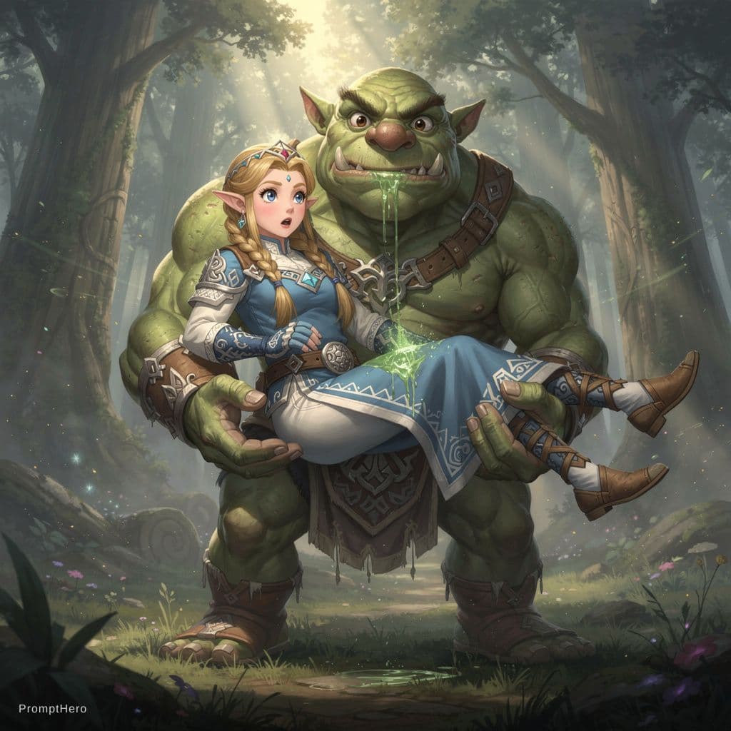 AI generated: A giant green ogre holding and licking princess zelda on her stomach leaving a slimy mark. Zelda is ...