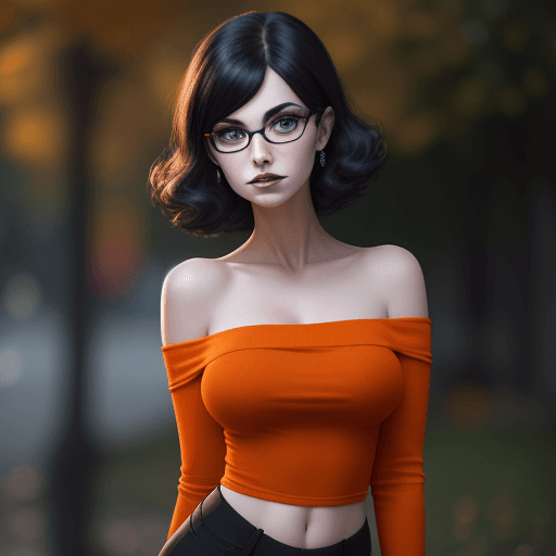 AI generated: 
professional portrait, goth girl, velma from scooby-doo, a girl wearing eye glasses and an orange t...
