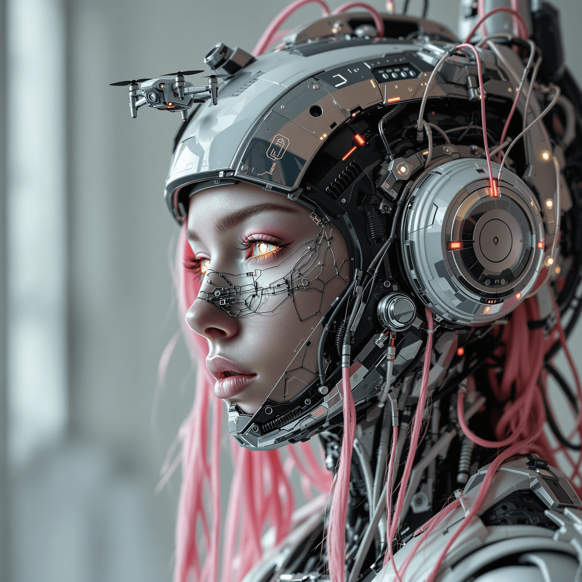 AI generated: Cyberpunk humanoid robot female, pink hair, cybernetic helmet, futuristic cybermask, wires connectio...