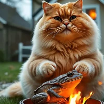 AI generated video: Fluffy fat cat roasting the frog, frog is uncomfortable as he feels the heat 