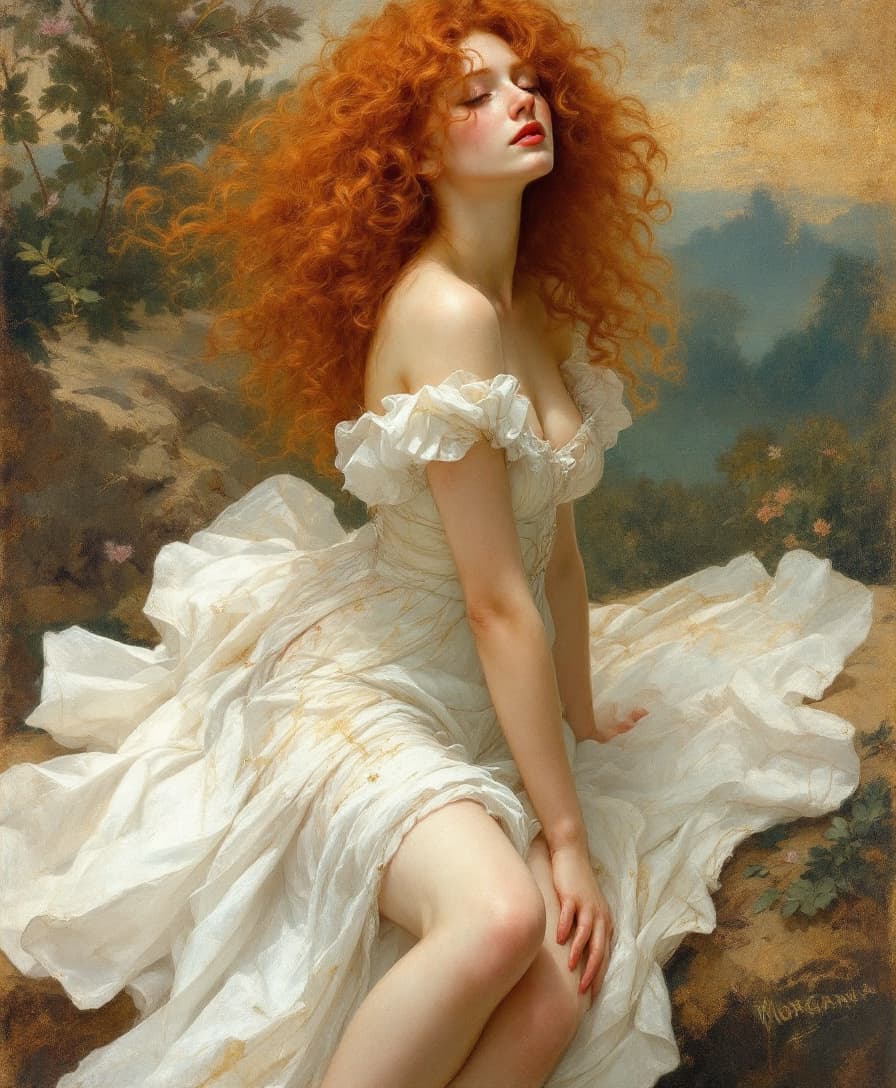 AI generated: Pre-Raphaelite painting of a red-haired woman, curly hair wearing a white dress, in the style of Art...